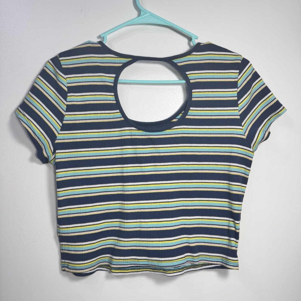 Striped Cropped Juniors Top XL Blue Short Sleeve Open Back Cotton Blend Normcore - Picture 2 of 5